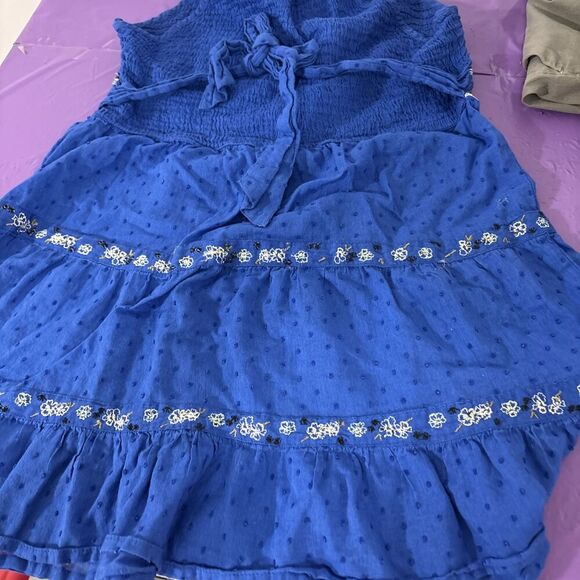 Free People Smocked Embroidered Ruffles Tunic Royal Blue Sz 4 - Picture 11 of 13
